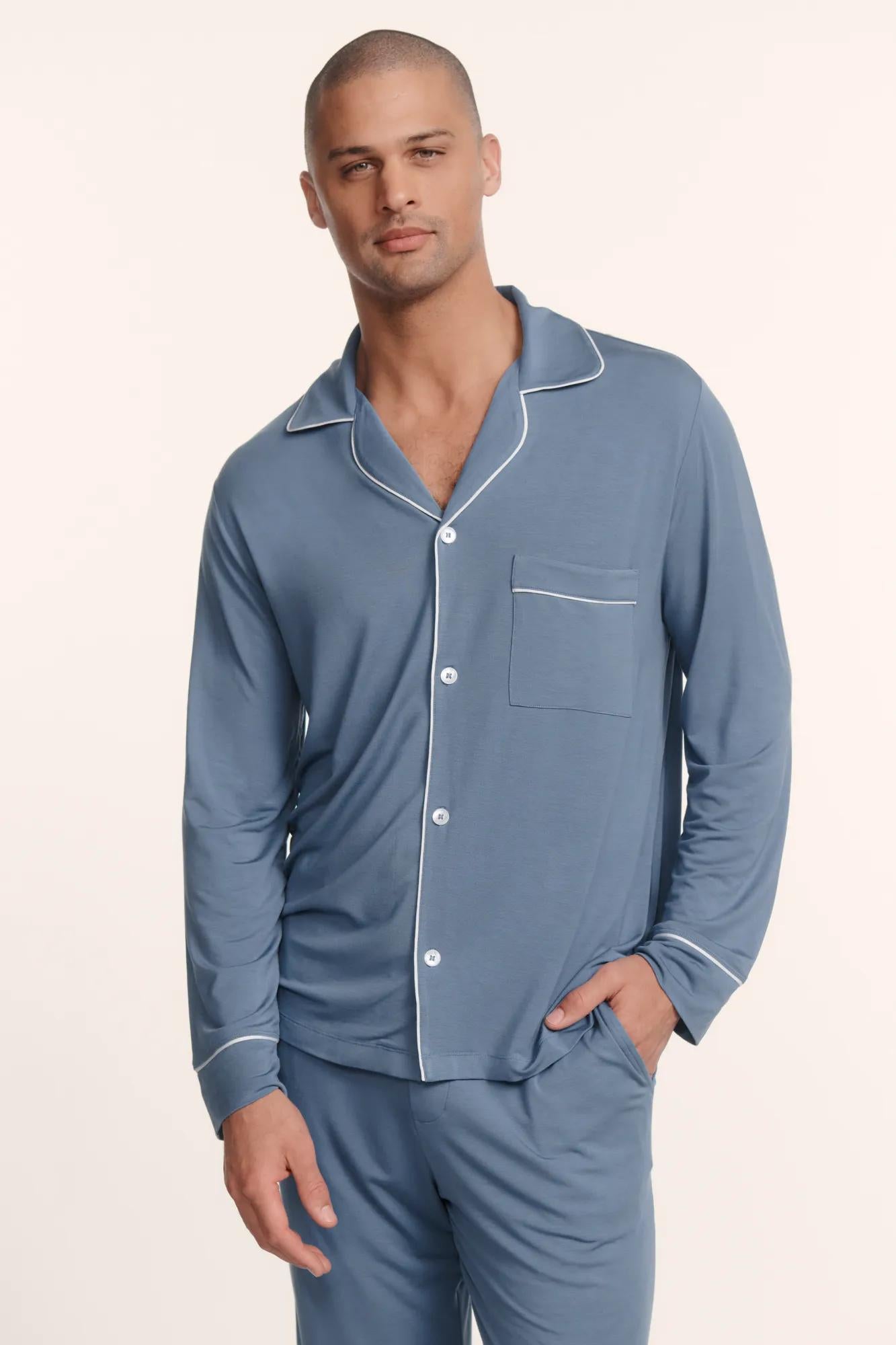 Model is wearing William TENCEL™ Modal Long PJ Set in Slate Blue/Ivory