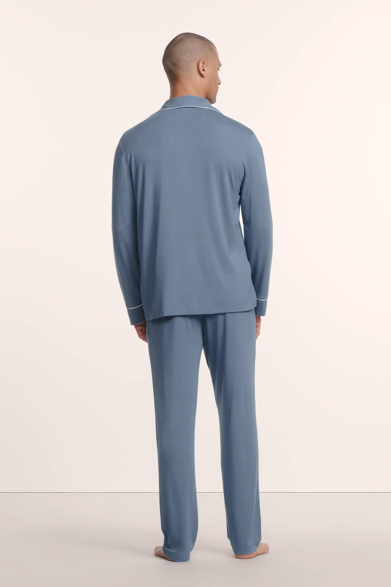 Model is wearing William TENCEL™ Modal Long PJ Set in Slate Blue/Ivory