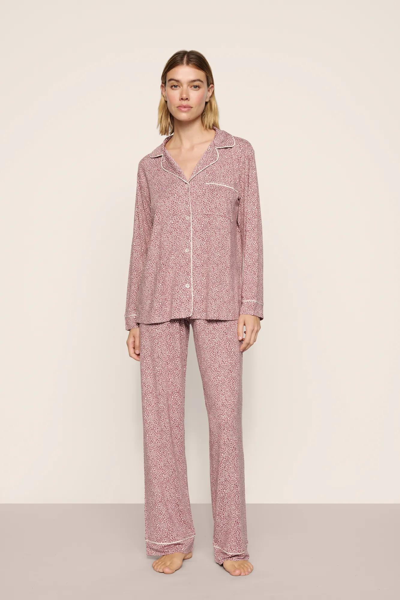 Model is wearing Gisele Printed TENCEL™ Modal Long PJ Set in Animal Instinct Woodrose/Ivory