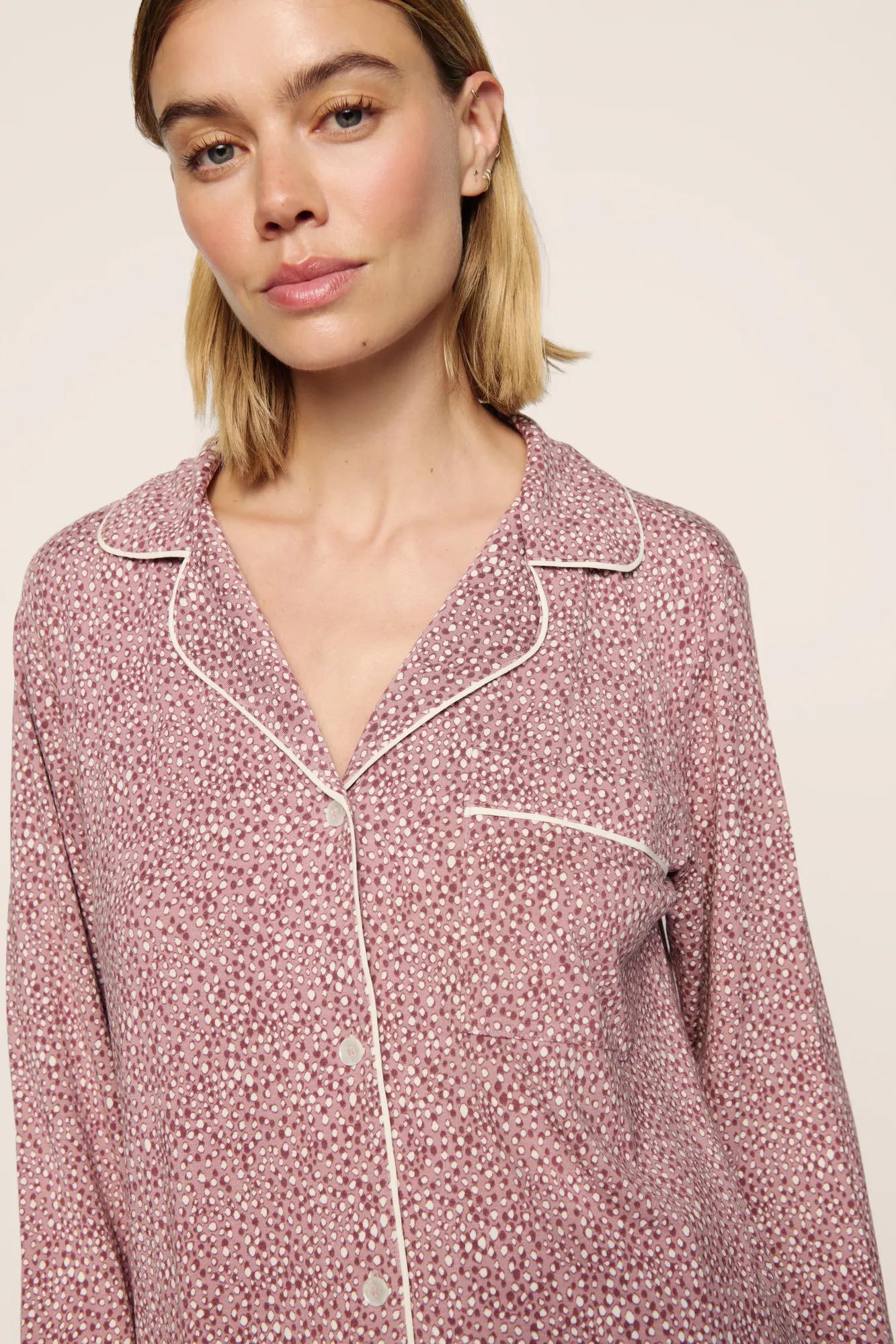 Model is wearing Gisele Printed TENCEL™ Modal Long PJ Set in Animal Instinct Woodrose/Ivory