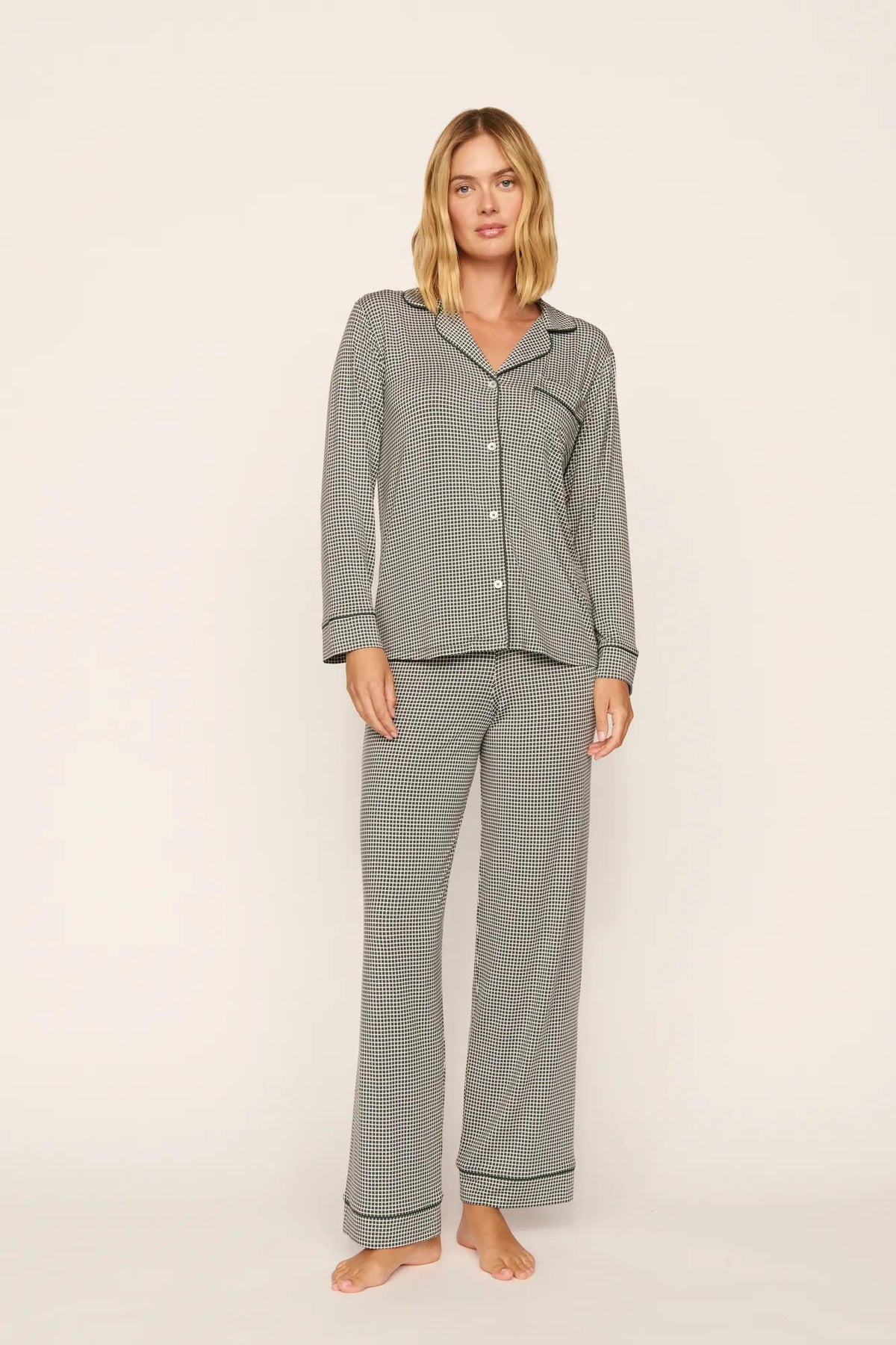 Model is wearing Gisele Printed TENCEL™ Modal Long PJ Set in Cabin Check Ivory/Pine