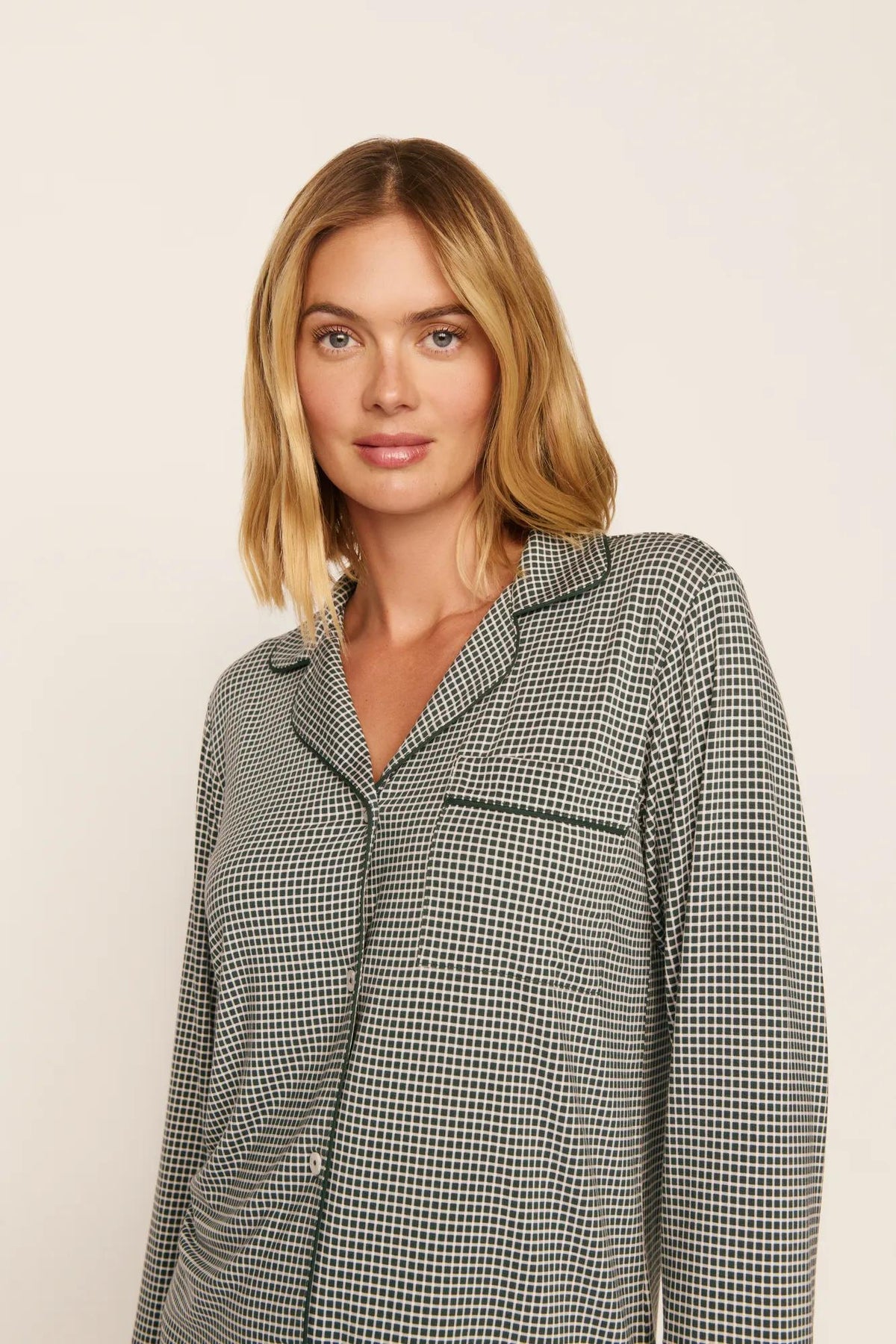 Model is wearing Gisele Printed TENCEL™ Modal Long PJ Set in Cabin Check Ivory/Pine