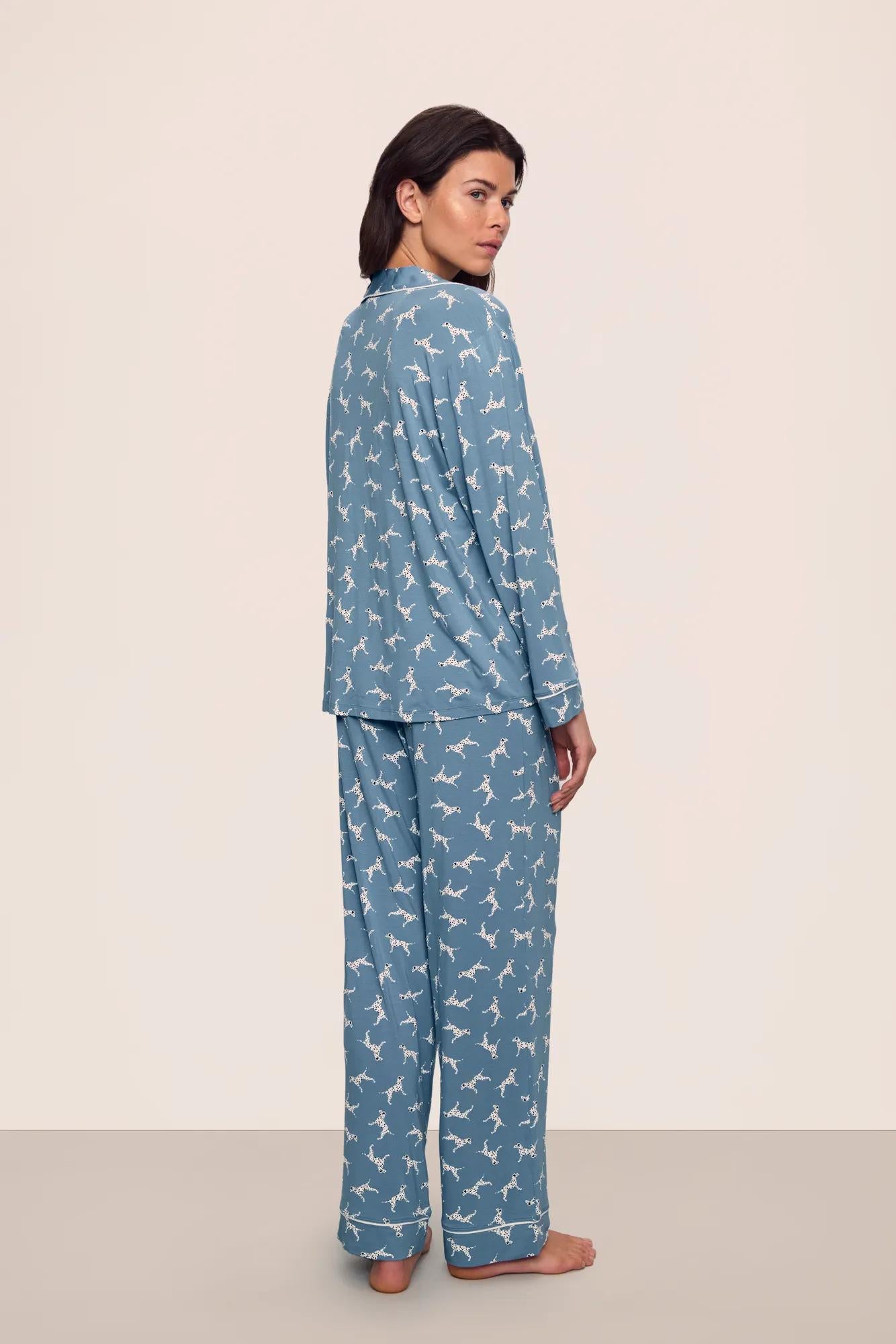 Model is wearing Gisele Printed TENCEL™ Modal Long PJ Set in  Dalmatian Faded Denim/Ivory