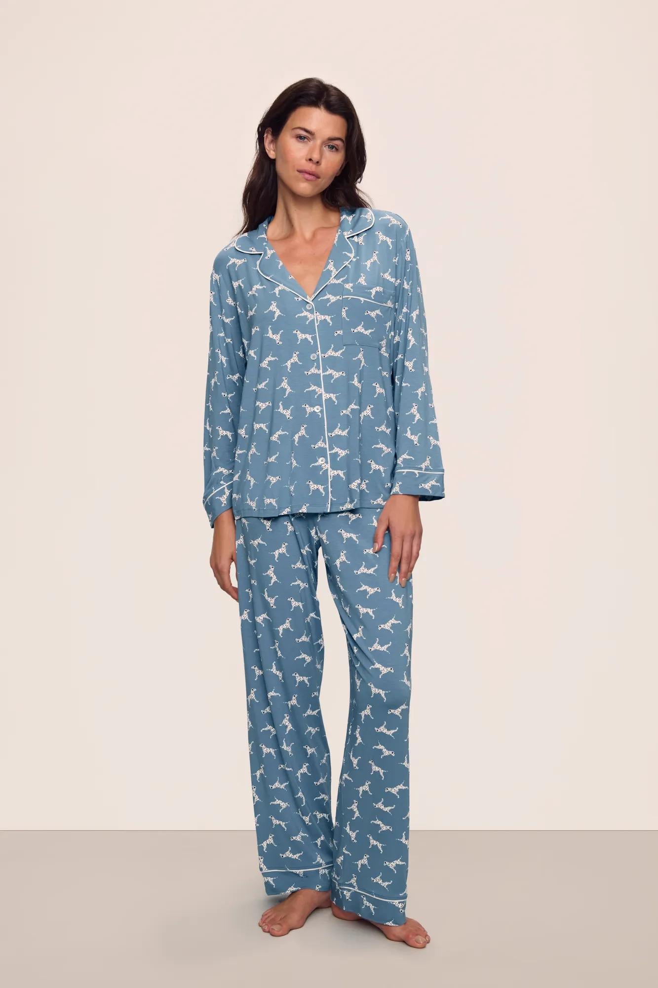 Model is wearing Gisele Printed TENCEL™ Modal Long PJ Set in  Dalmatian Faded Denim/Ivory