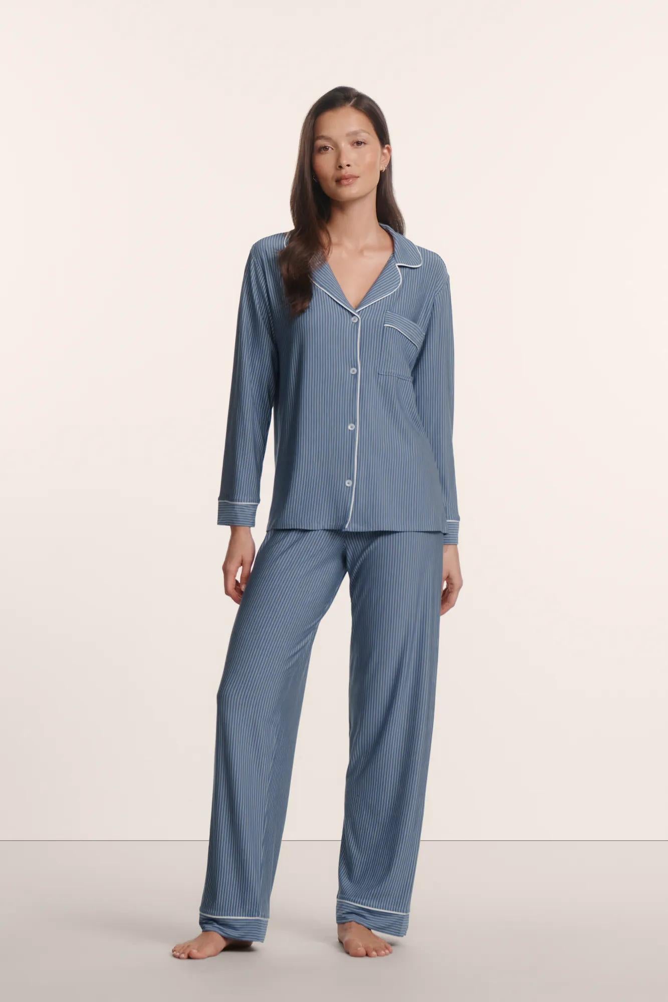 Model is wearing Gisele Printed TENCEL™ Modal Long PJ Set in Duo Stripe Slate Blue/Ivory