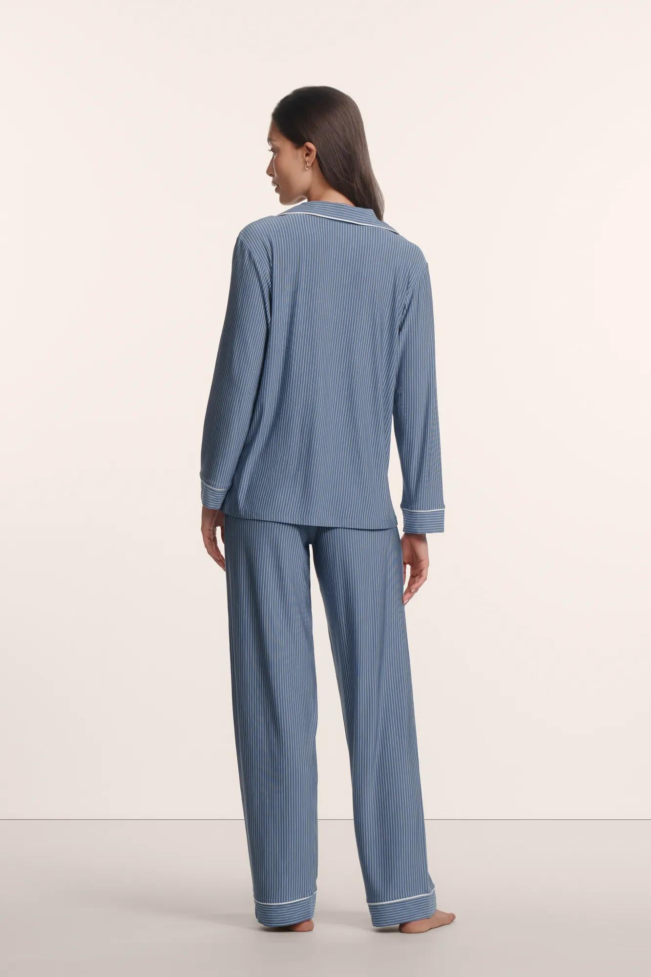 Model is wearing Gisele Printed TENCEL™ Modal Long PJ Set in Duo Stripe Slate Blue/Ivory