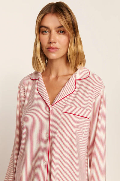 Model is wearing Gisele Printed TENCEL™ Modal Long PJ Set in Duo Stripe Hollyred/Hollyred