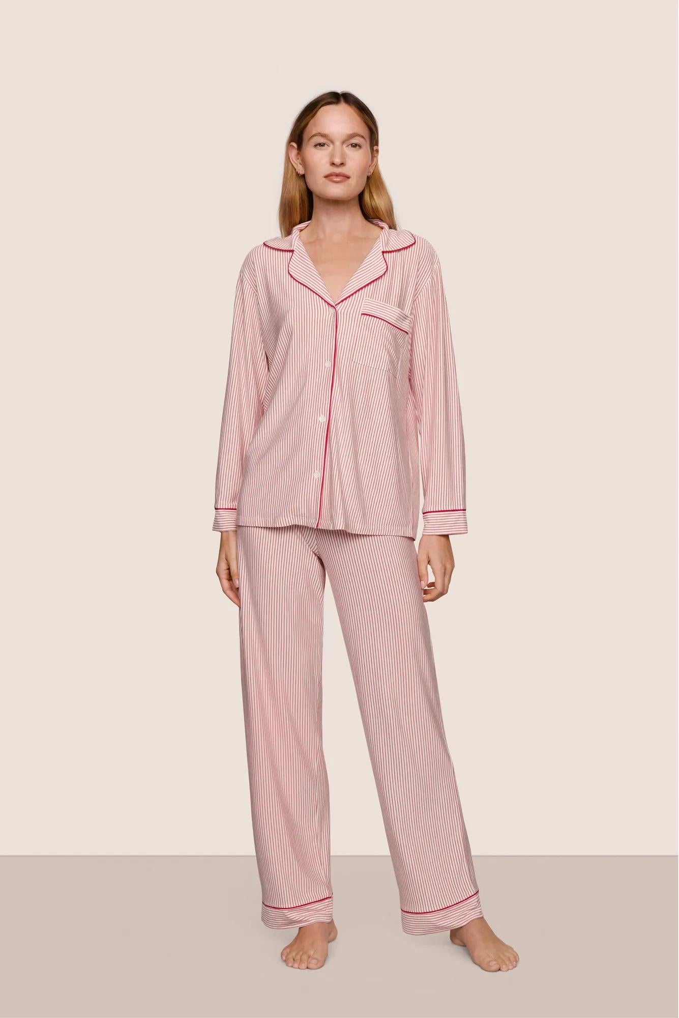 Model is wearing Gisele Printed TENCEL™ Modal Long PJ Set  in Duo Stripe Hollyred/Hollyred