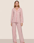 Model is wearing Gisele Printed TENCEL™ Modal Long PJ Set  in Duo Stripe Hollyred/Hollyred