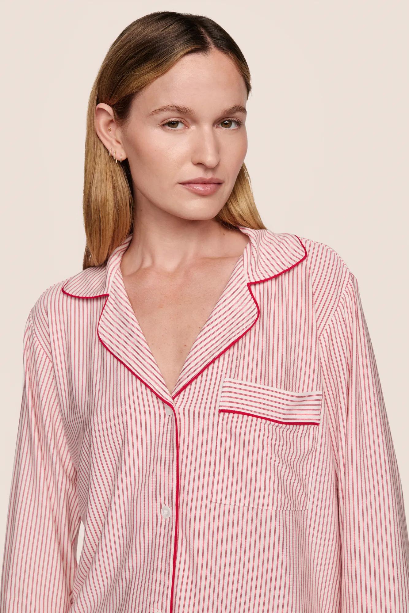 Model is wearing Gisele Printed TENCEL™ Modal Long PJ Set  in Duo Stripe Hollyred/Hollyred