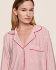 Model is wearing Gisele Printed TENCEL™ Modal Long PJ Set  in Duo Stripe Hollyred/Hollyred