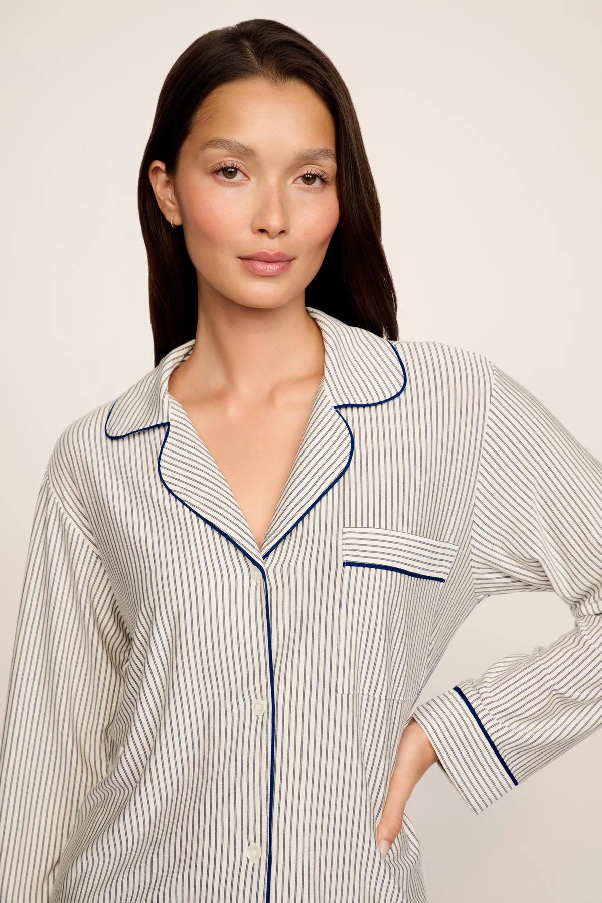 Model is wearing Gisele Printed TENCEL™ Modal Long PJ Set in Duo Stripe Ivory/Navy