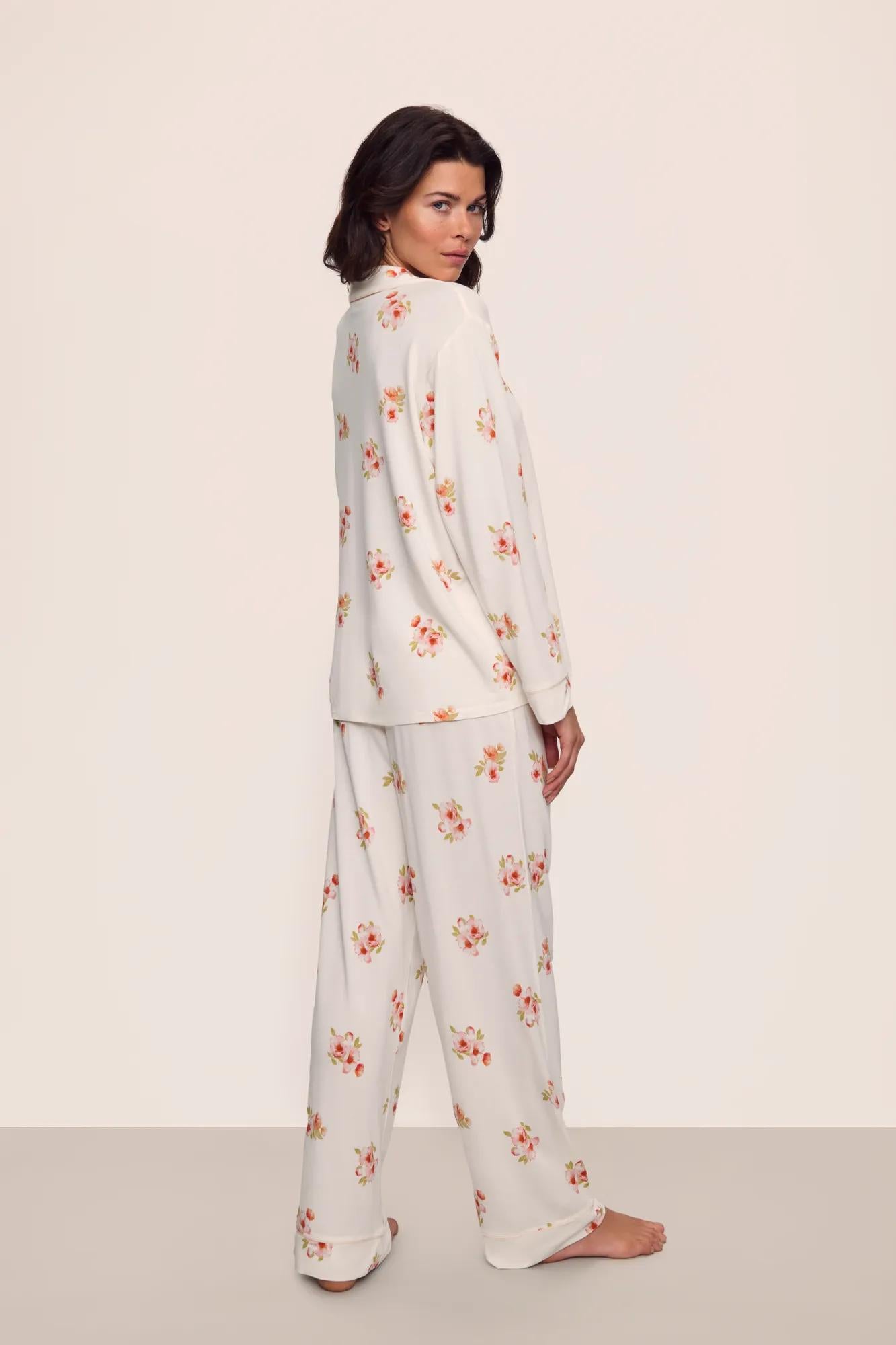 Model is wearing Gisele Printed TENCEL™ Modal Long PJ Set in  Floral Bloom Ivy/Vanilla Cream