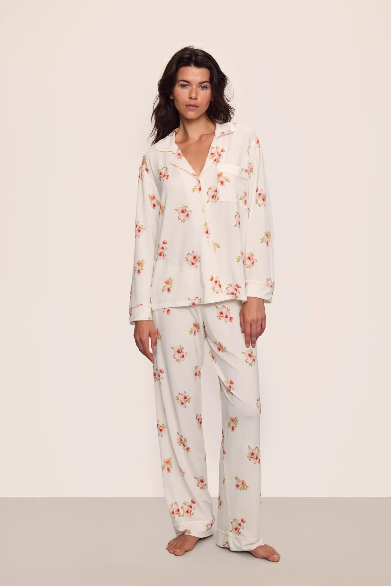 Model is wearing Gisele Printed TENCEL™ Modal Long PJ Set in  Floral Bloom Ivy/Vanilla Cream