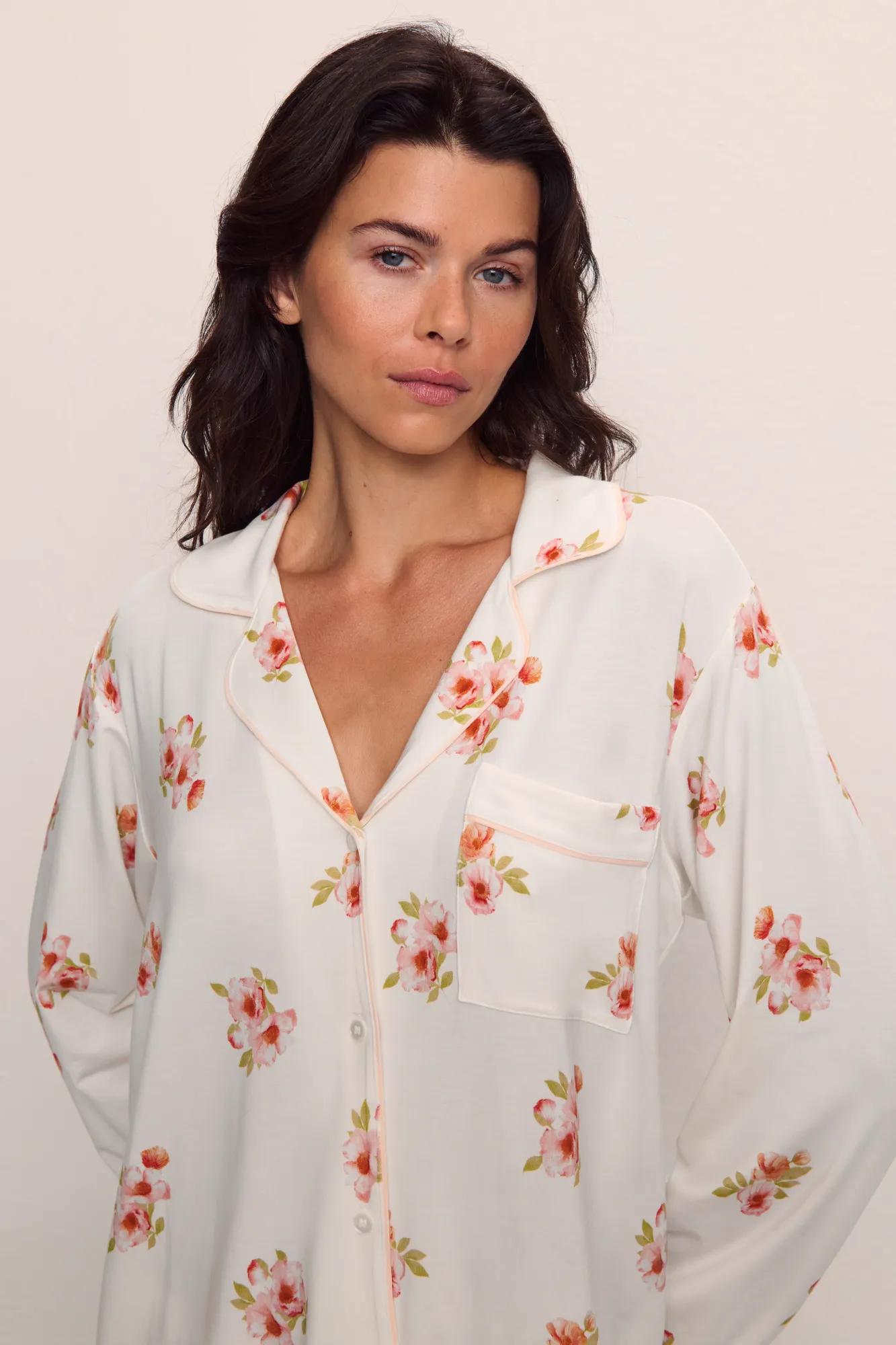 Model is wearing Gisele Printed TENCEL™ Modal Long PJ Set in  Floral Bloom Ivy/Vanilla Cream