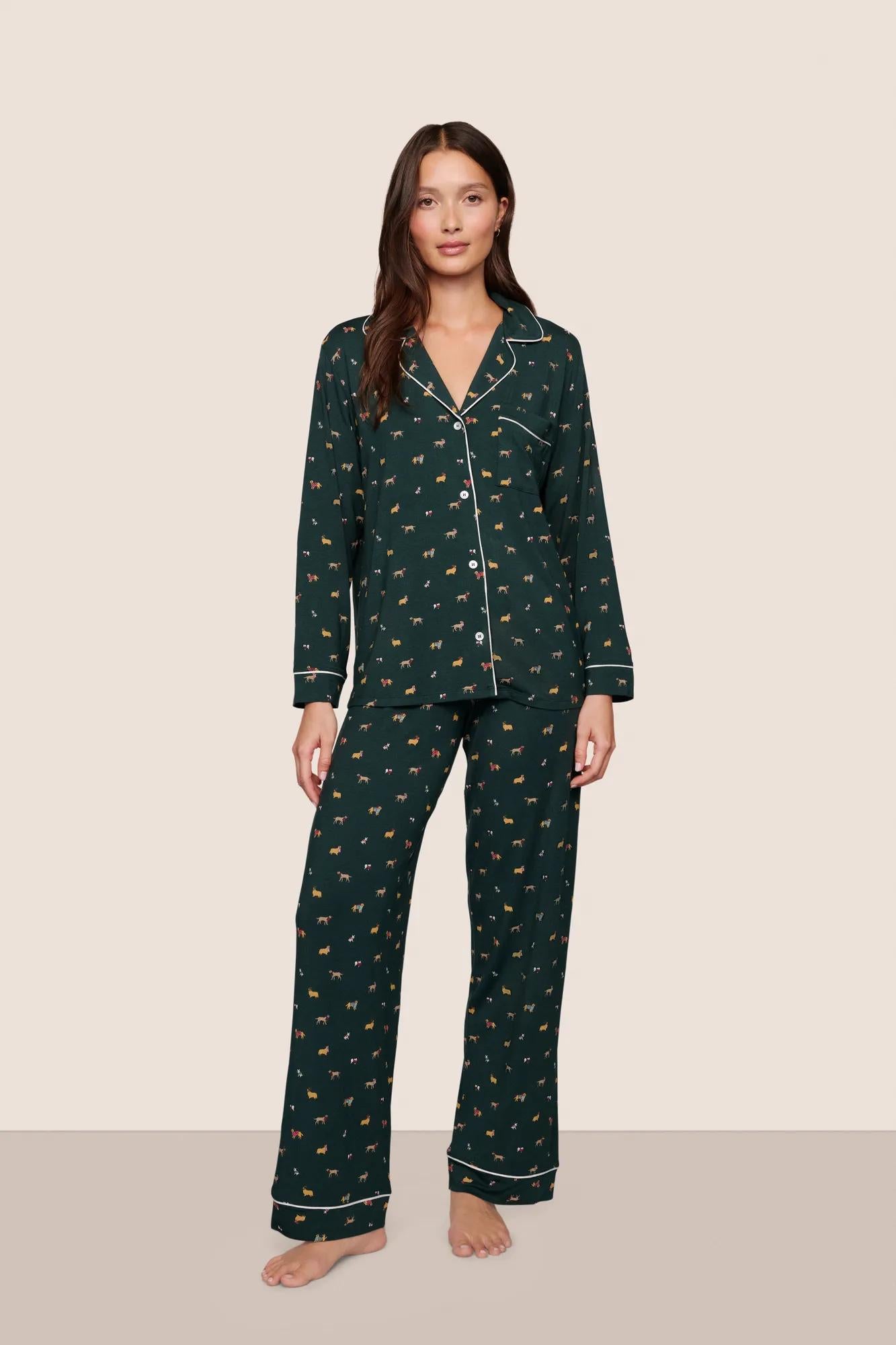 Model is wearing Gisele Printed TENCEL™ Modal Long PJ Set  in Holiday Dogs Pine/Ivory