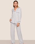 Model is wearing Gisele Printed TENCEL™ Modal Long PJ Set  in Hannukah Glow Nouvean Navy/Ny