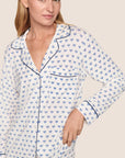 Model is wearing Gisele Printed TENCEL™ Modal Long PJ Set  in Hannukah Glow Nouvean Navy/Ny