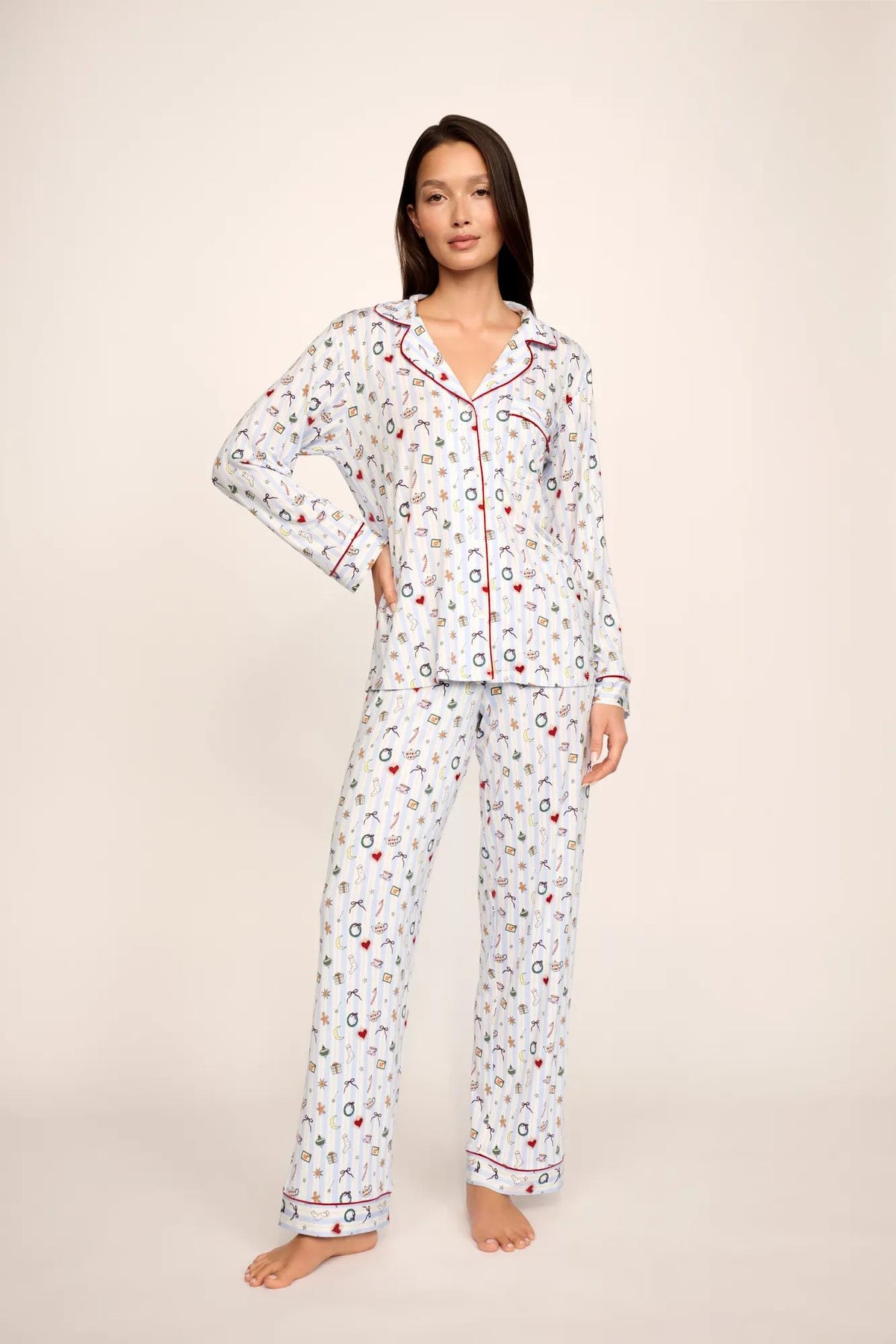 Model is wearing Gisele Printed TENCEL™ Modal Long PJ Set in Nordic Nights Lightblue/Deepcl
