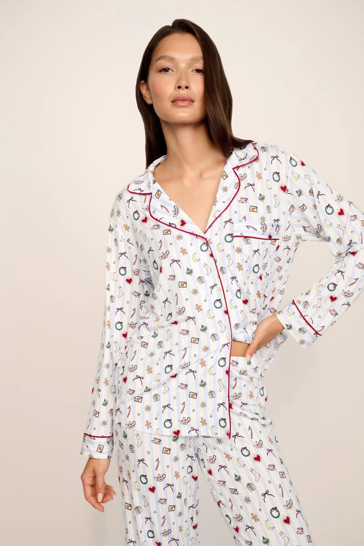 Model is wearing Gisele Printed TENCEL™ Modal Long PJ Set in Nordic Nights Lightblue/Deepcl