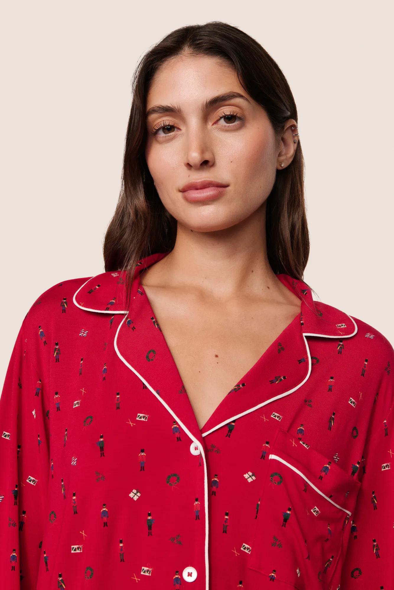 Model is wearing Gisele Printed TENCEL™ Modal Long PJ Set  in Nutcracker Holly Red/Ivory