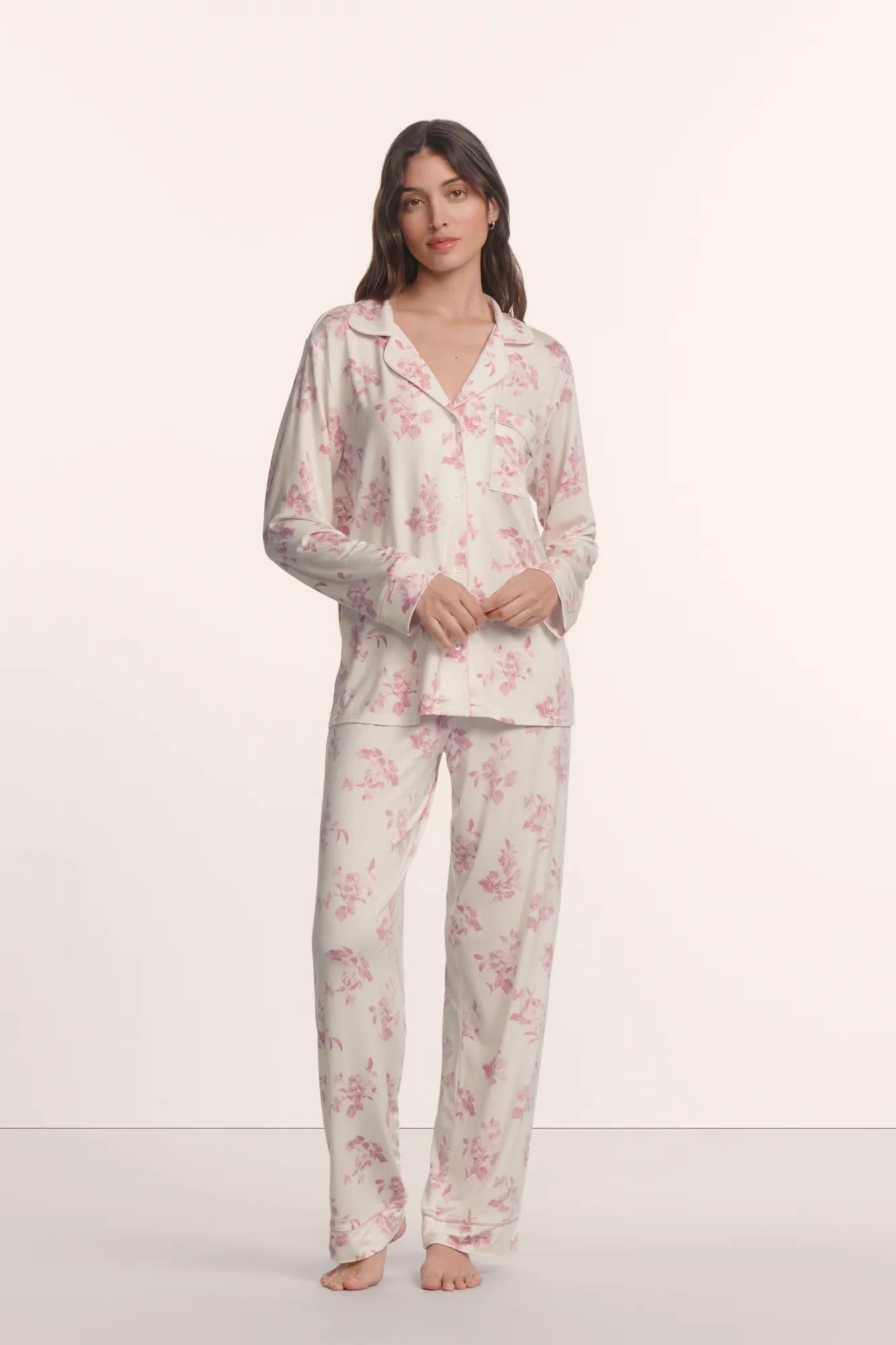 Model is wearing Gisele Printed TENCEL™ Modal Long PJ Set in Rose Garden Cameo Pink/Pale Pi