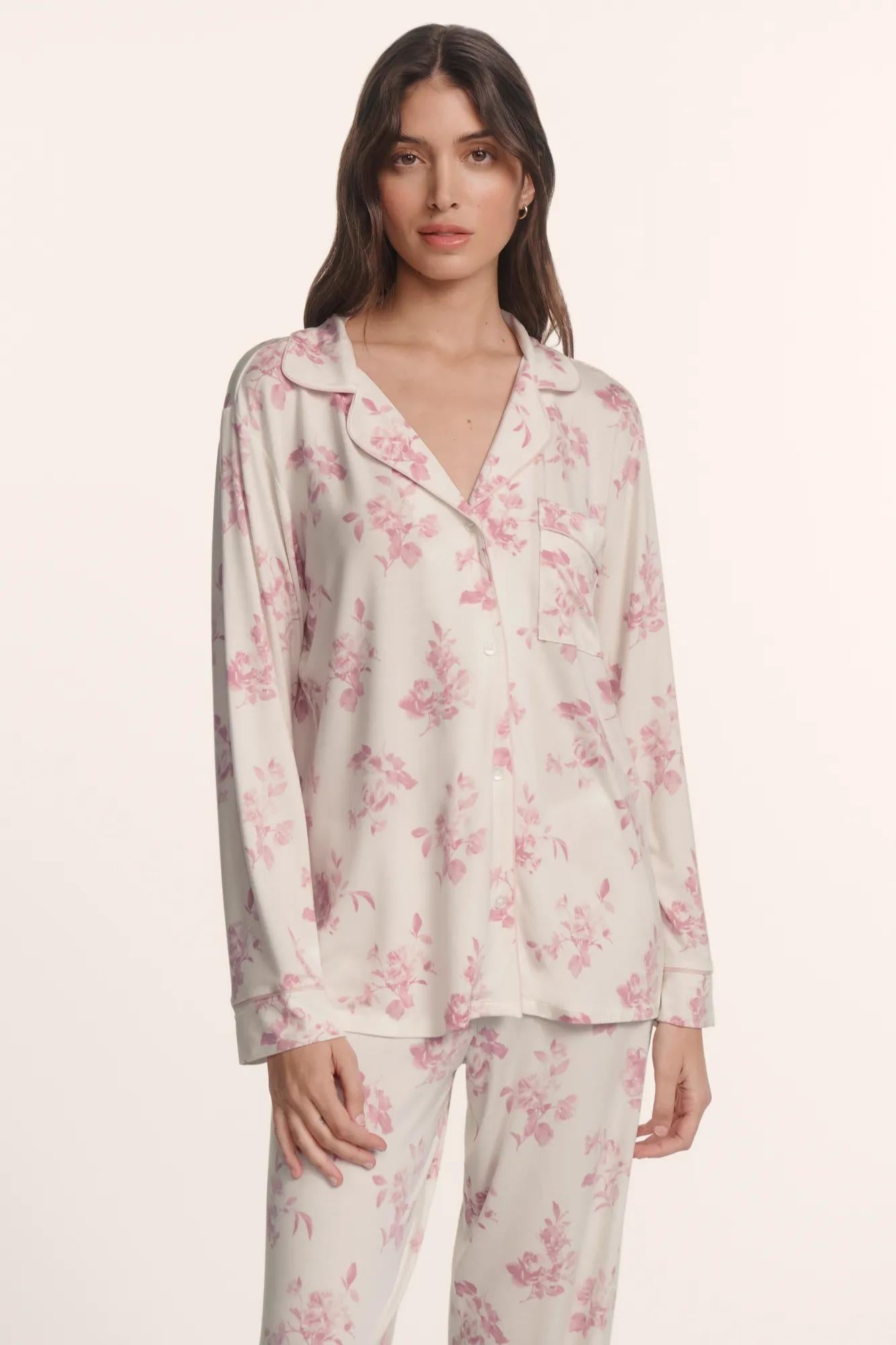 Model is wearing Gisele Printed TENCEL™ Modal Long PJ Set in Rose Garden Cameo Pink/Pale Pi