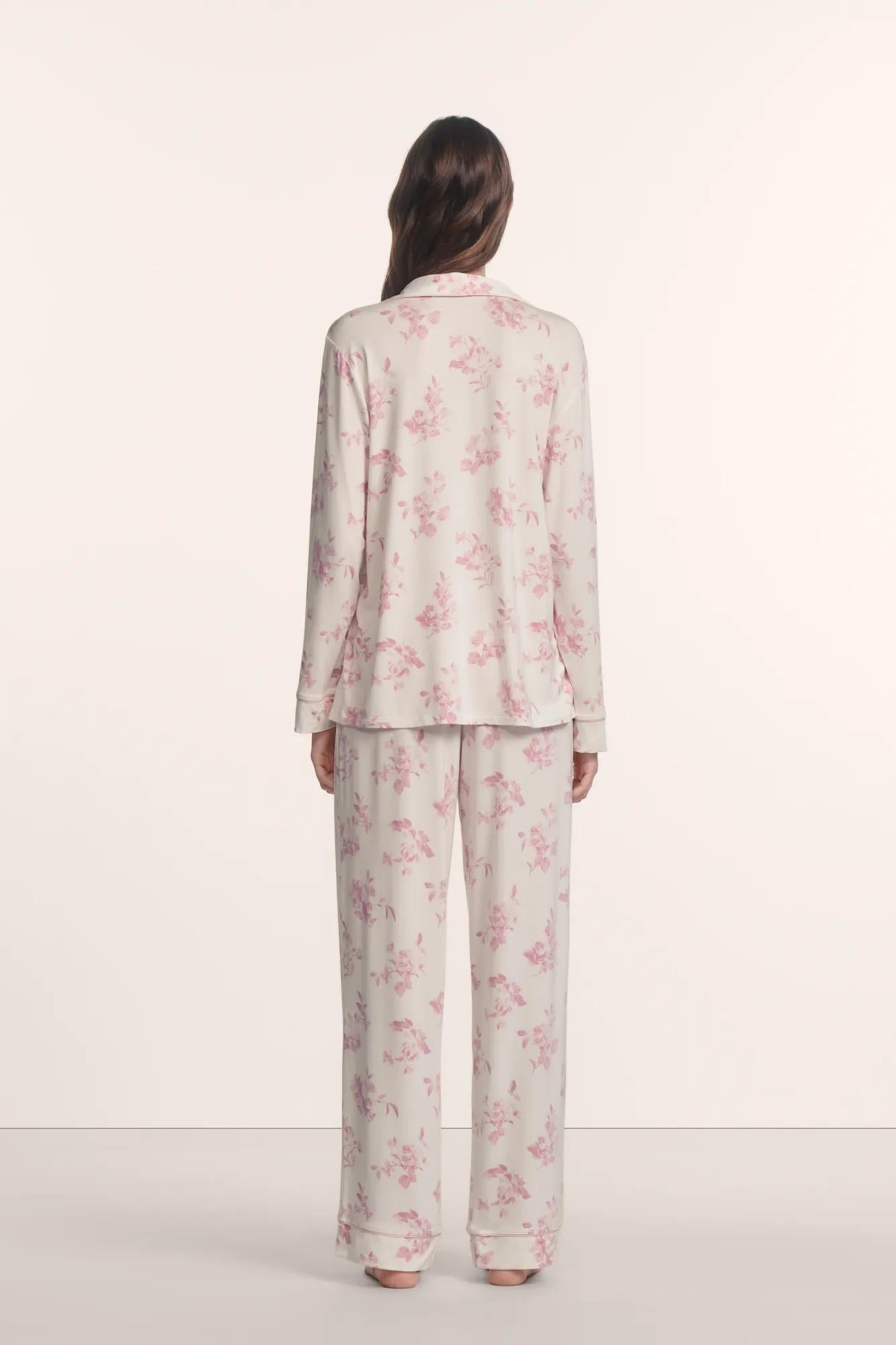 Model is wearing Gisele Printed TENCEL™ Modal Long PJ Set in Rose Garden Cameo Pink/Pale Pi