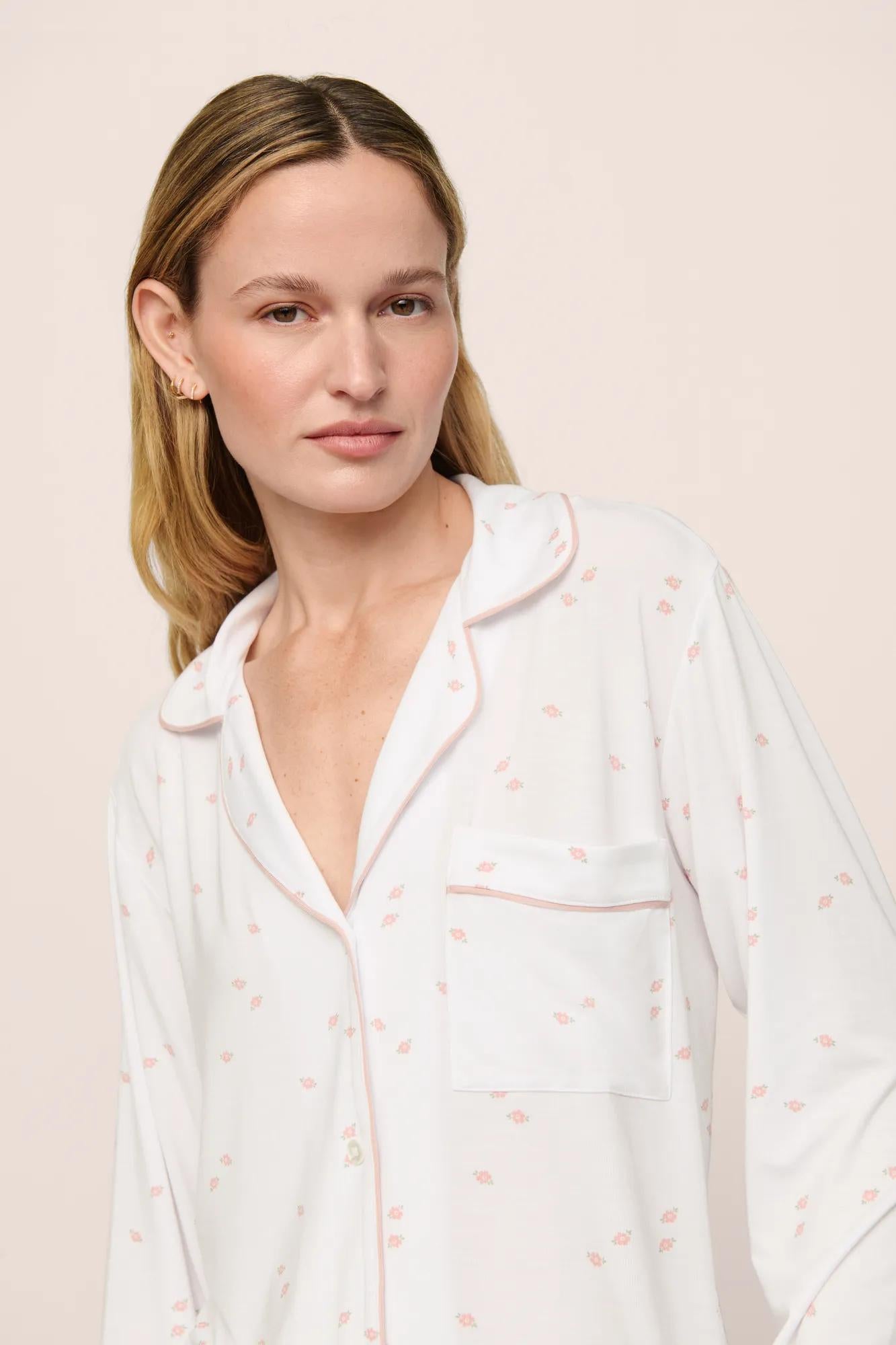 Model is wearing Gisele Printed TENCEL™ Modal Long PJ Set in SummerDaisyWhite/PaleMauve