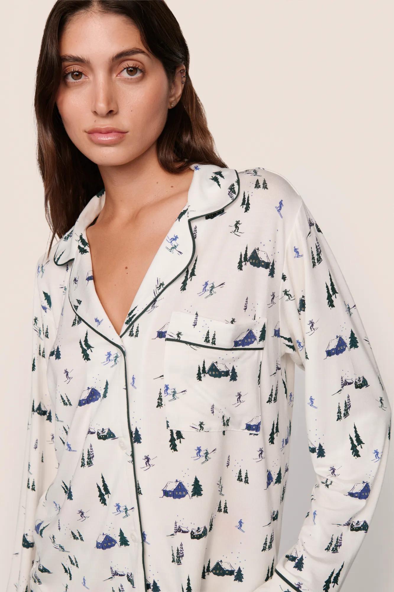Model is wearing Gisele Printed TENCEL™ Modal Long PJ Set  in Ski Chalet Ivory/Pine
