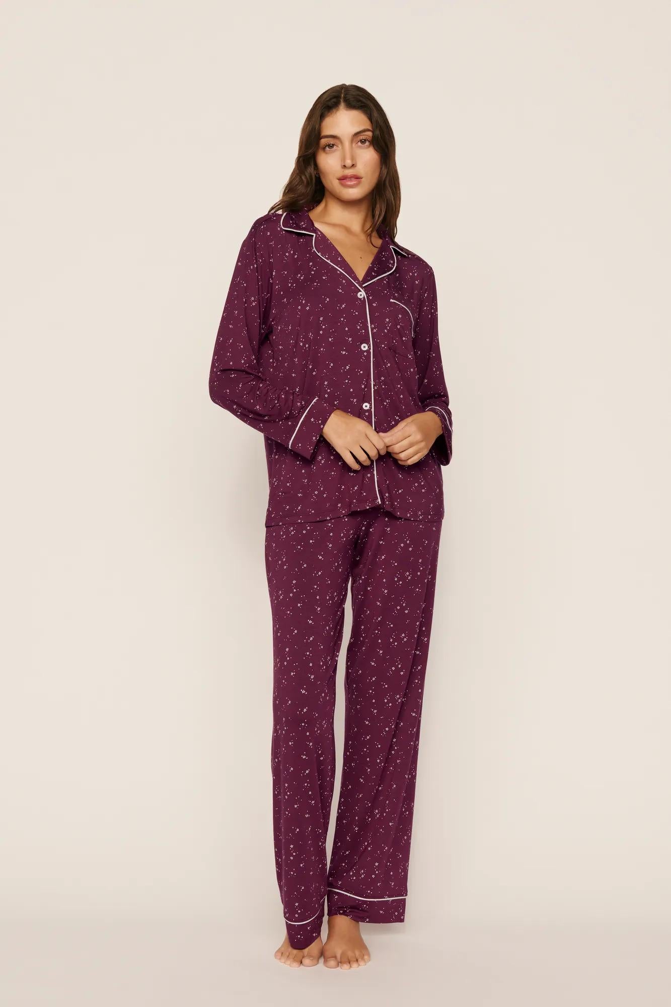 Model is wearing Gisele Printed TENCEL™ Modal Long PJ Set in Starlight Wildberry/Ivory