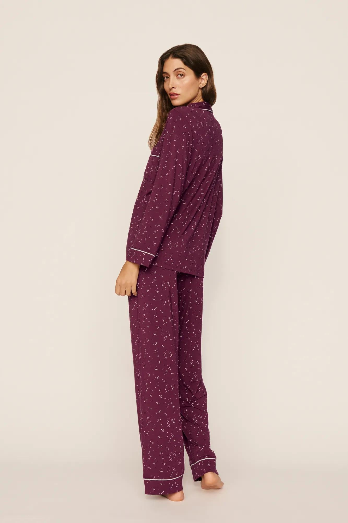 Model is wearing Gisele Printed TENCEL™ Modal Long PJ Set in Starlight Wildberry/Ivory