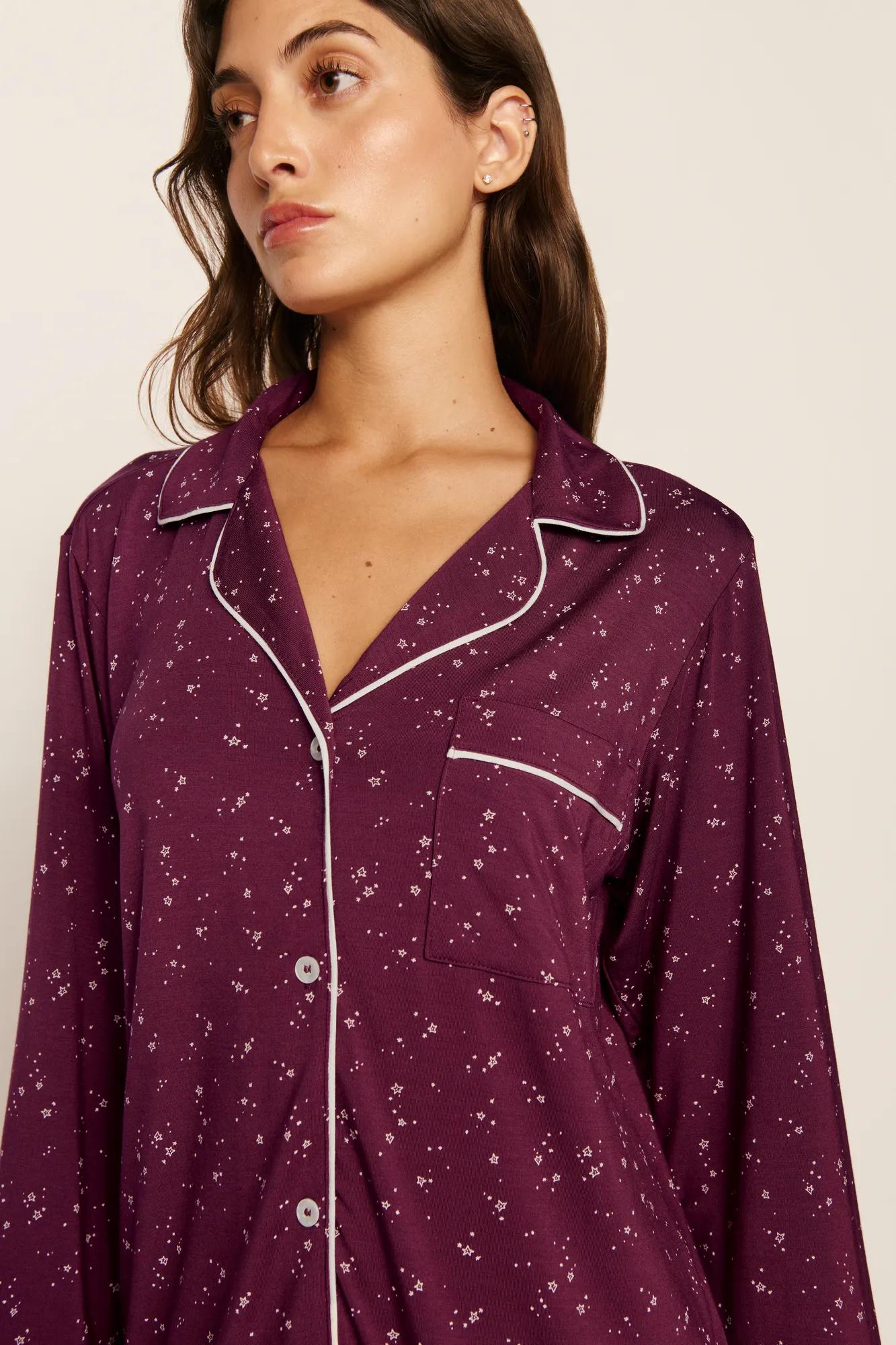 Model is wearing Gisele Printed TENCEL™ Modal Long PJ Set in Starlight Wildberry/Ivory