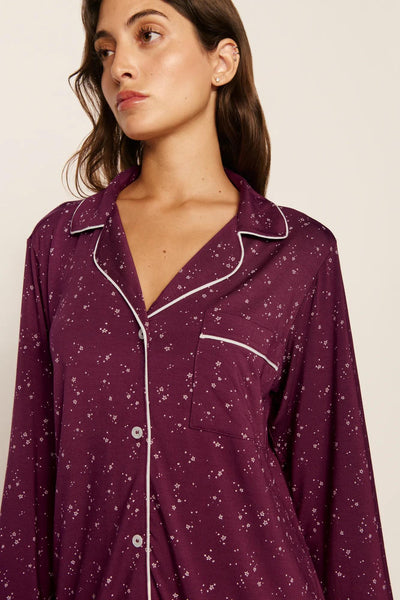 Model is wearing Gisele Printed TENCEL™ Modal Long PJ Set in Starlight Wildberry/Ivory