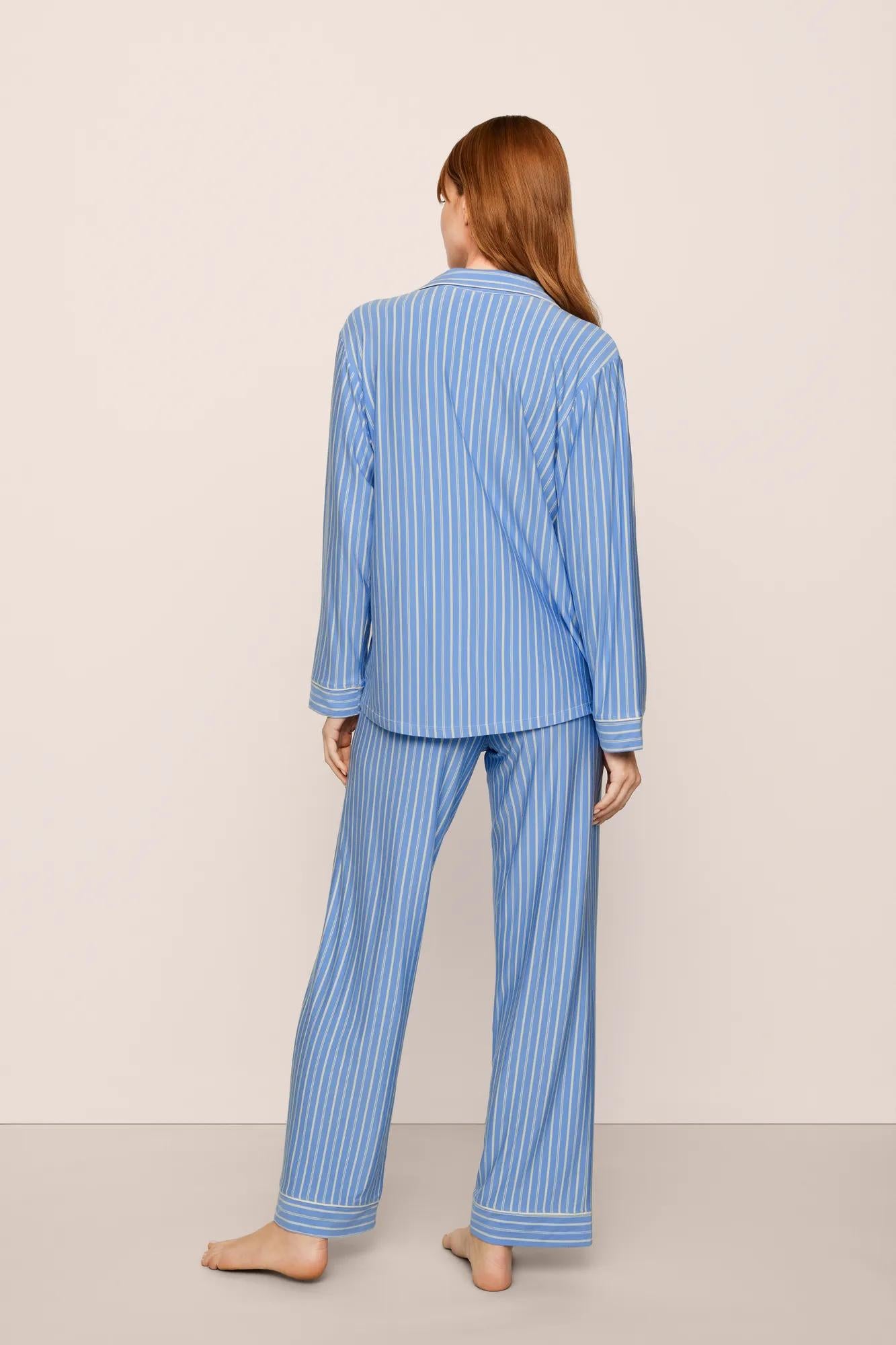 Model is wearing Gisele Printed TENCEL™ Modal Long PJ Set in  Nordic Stripes Vista Blue/Iv