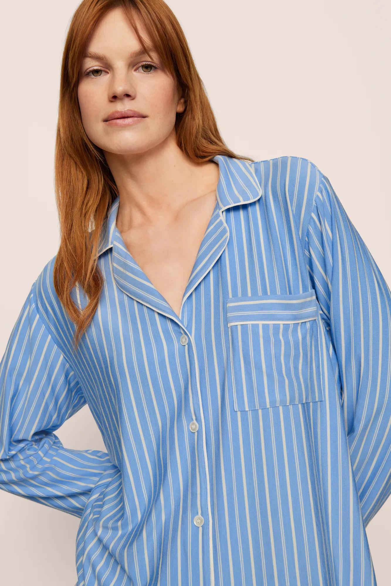 Model is wearing Gisele Printed TENCEL™ Modal Long PJ Set in  Nordic Stripes Vista Blue/Iv