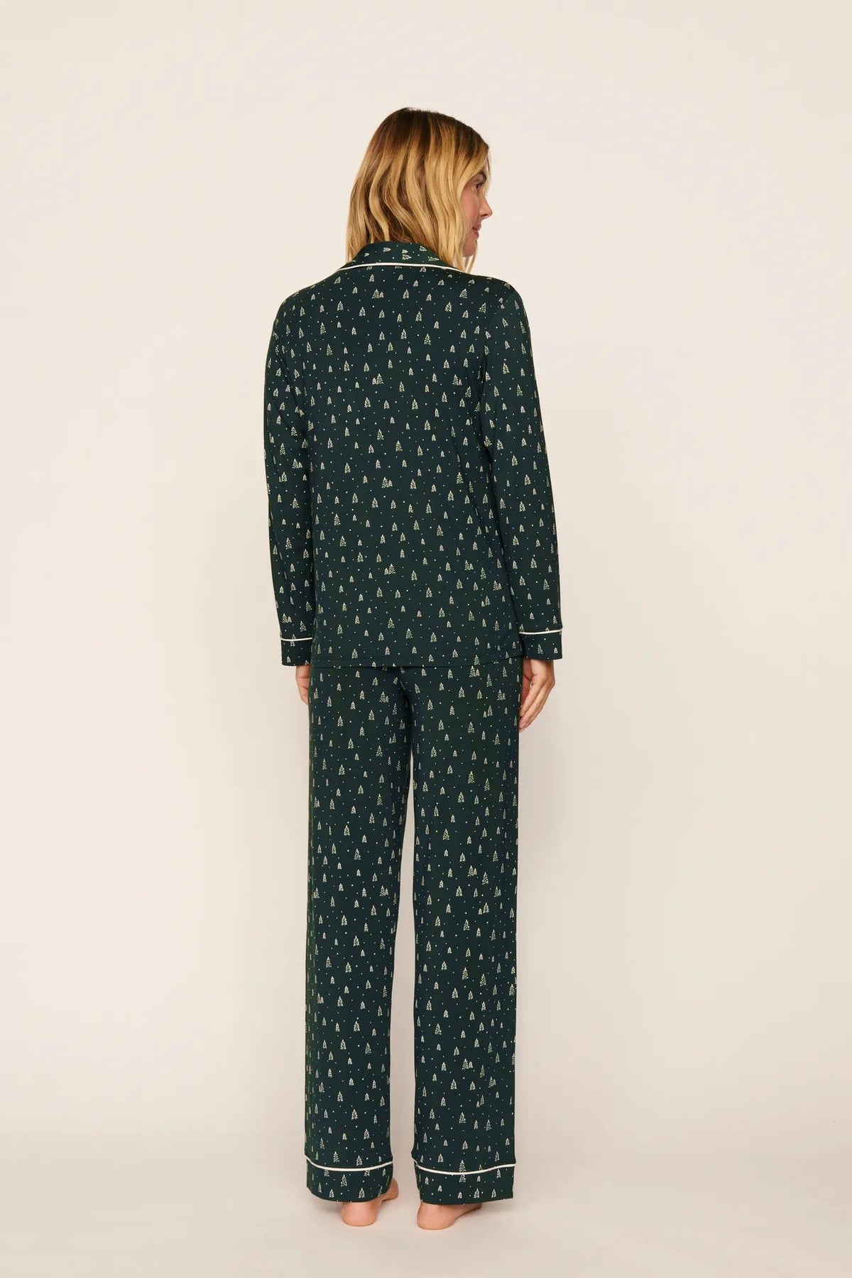 Model is wearing Gisele Printed TENCEL™ Modal Long PJ Set in Winter Pine/Ivory