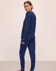 Model is wearing Gisele TENCEL™ Modal Crewneck PJ Set in Navy/Ivory