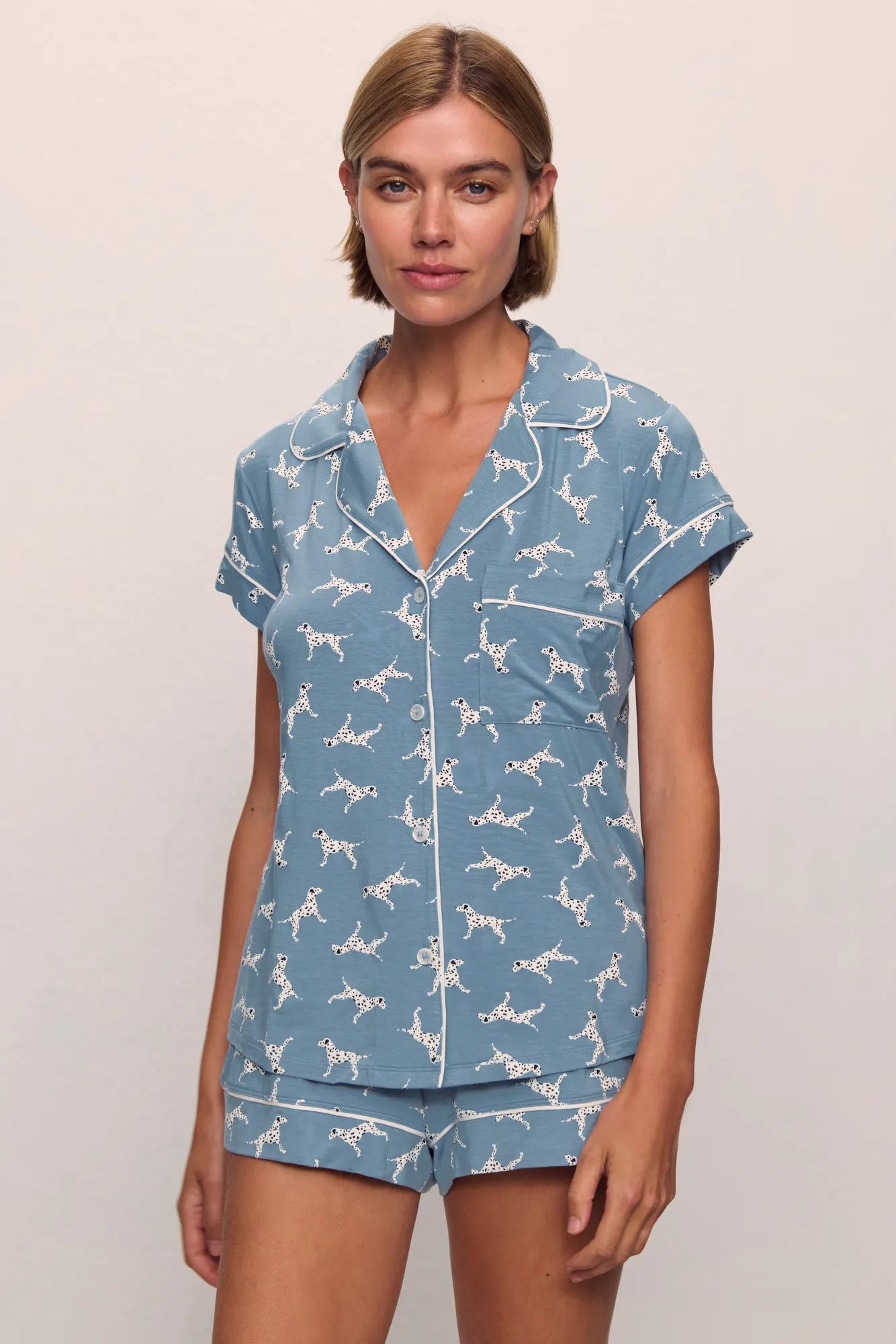 Model is wearing Gisele Printed TENCEL™ Modal Shortie Short PJ Set in  Dalmatian Faded Denim/Ivory