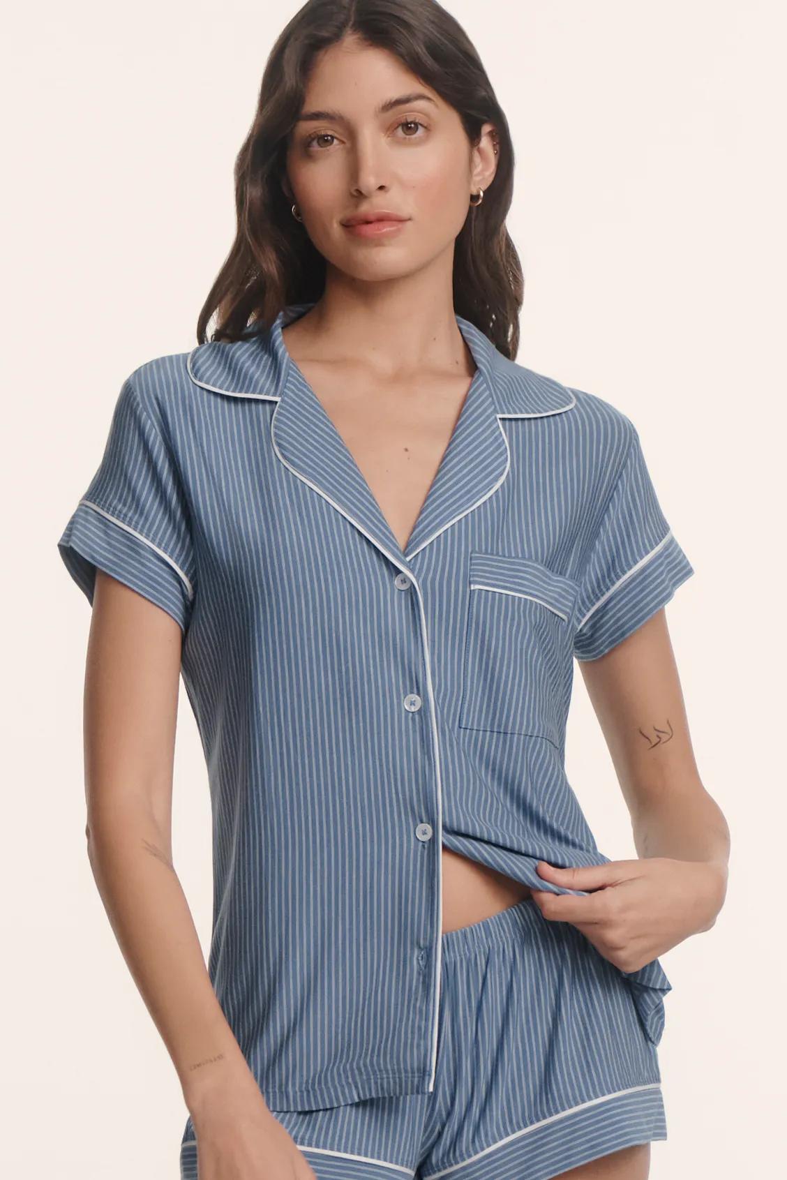 Model is wearing Gisele Printed TENCEL™ Modal Shortie Short PJ Set in Duo Stripe Slate Blue/Ivory