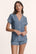Model is wearing Gisele Printed TENCEL™ Modal Shortie Short PJ Set in Duo Stripe Slate Blue/Ivory