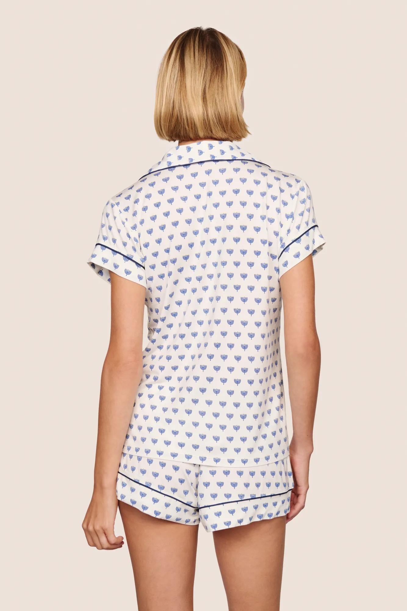 Model is wearing Gisele Printed TENCEL™ Modal Shortie Short PJ Set  in Hannukah Glow Nouvean Navy/Ny