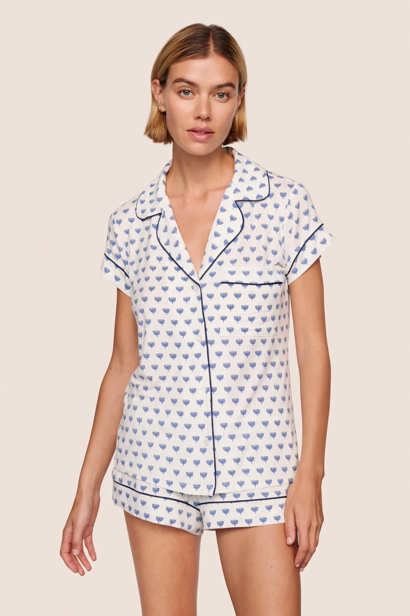 Model is wearing Gisele Printed TENCEL™ Modal Shortie Short PJ Set  in Hannukah Glow Nouvean Navy/Ny