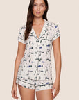 Model is wearing Gisele Printed TENCEL™ Modal Shortie Short PJ Set  in Ski Chalet Ivory/Pine