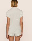 Model is wearing Gisele Printed TENCEL™ Modal Shortie Short PJ Set in Tide Dot Ivory/Ivory