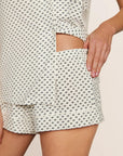 Model is wearing Gisele Printed TENCEL™ Modal Shortie Short PJ Set in Tide Dot Ivory/Ivory