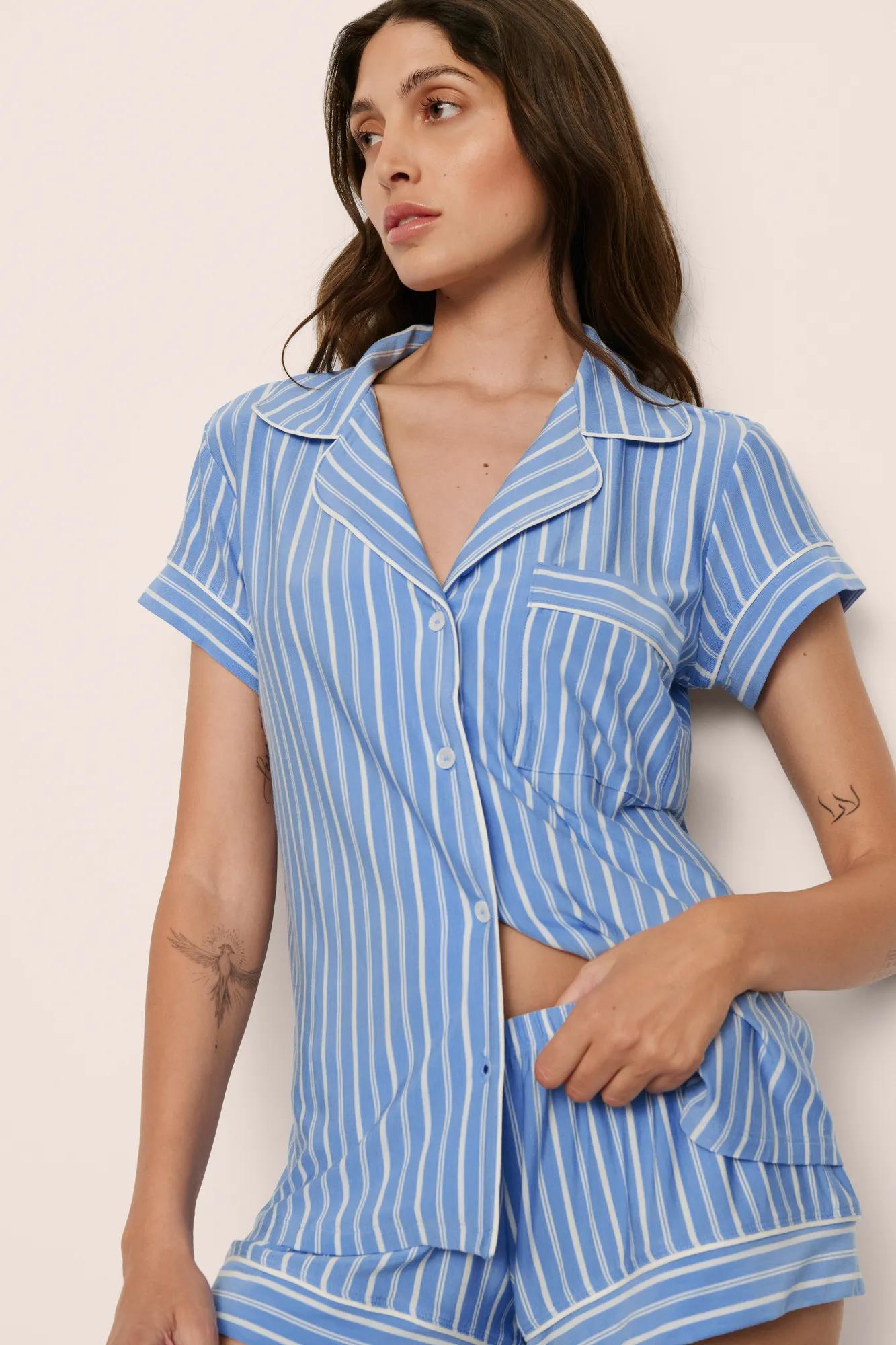 Model is wearing Gisele Printed TENCEL™ Modal Shortie Short PJ Set in  Nordic Stripes Vista Blue/Iv