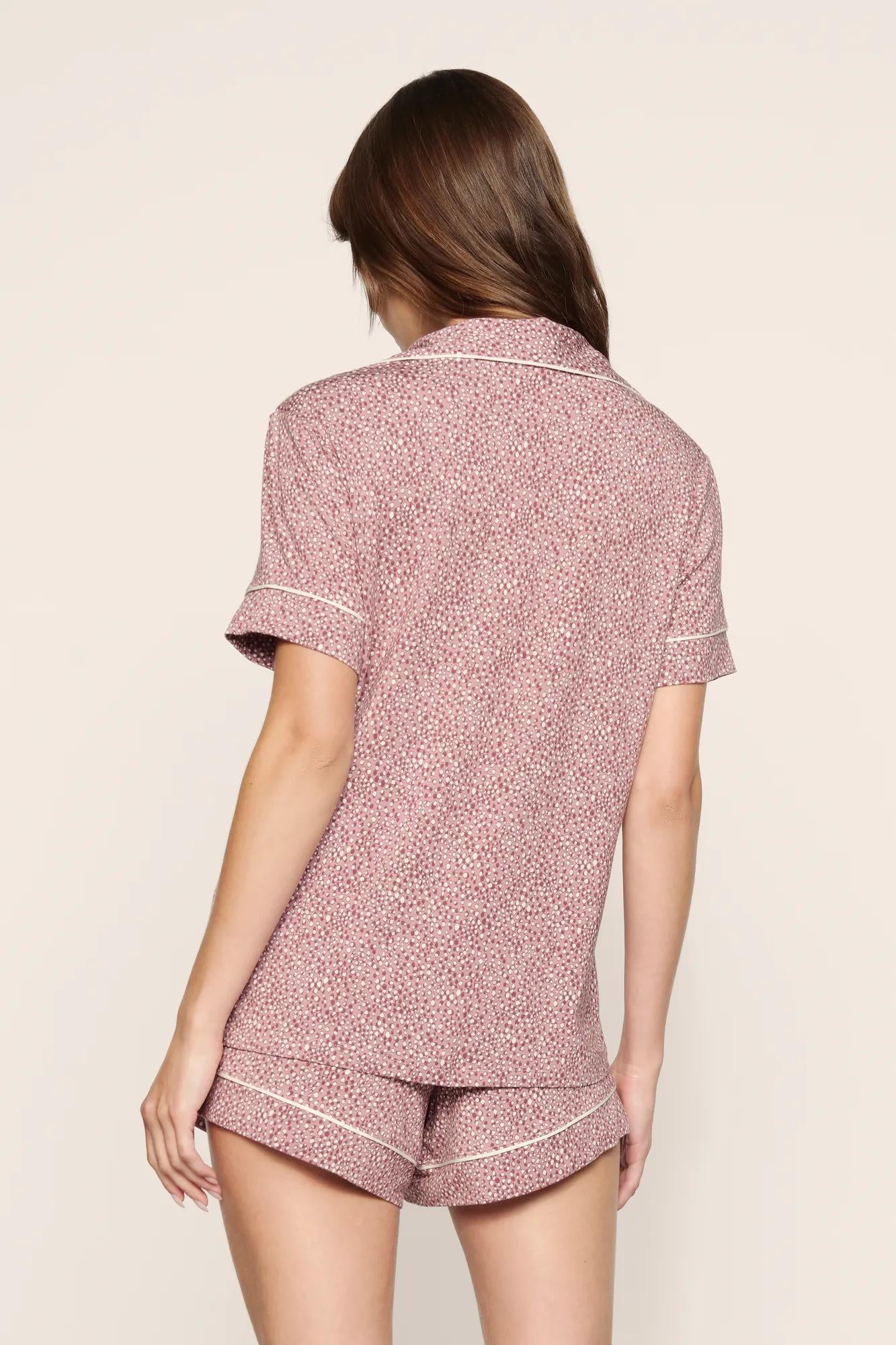 Model is wearing Gisele Printed TENCEL™ Modal Relaxed Short PJ Set in Animal Instinct Woodrose/Ivory