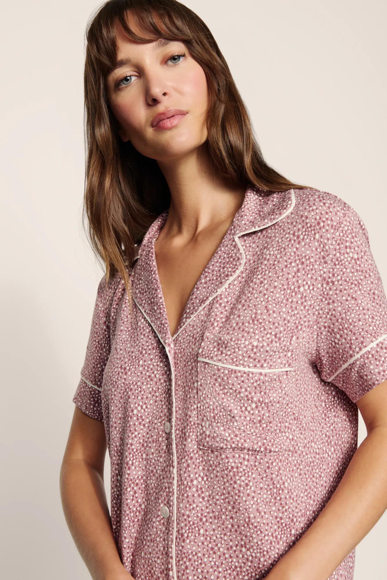Model is wearing Gisele Printed TENCEL™ Modal Relaxed Short PJ Set in Animal Instinct Woodrose/Ivory