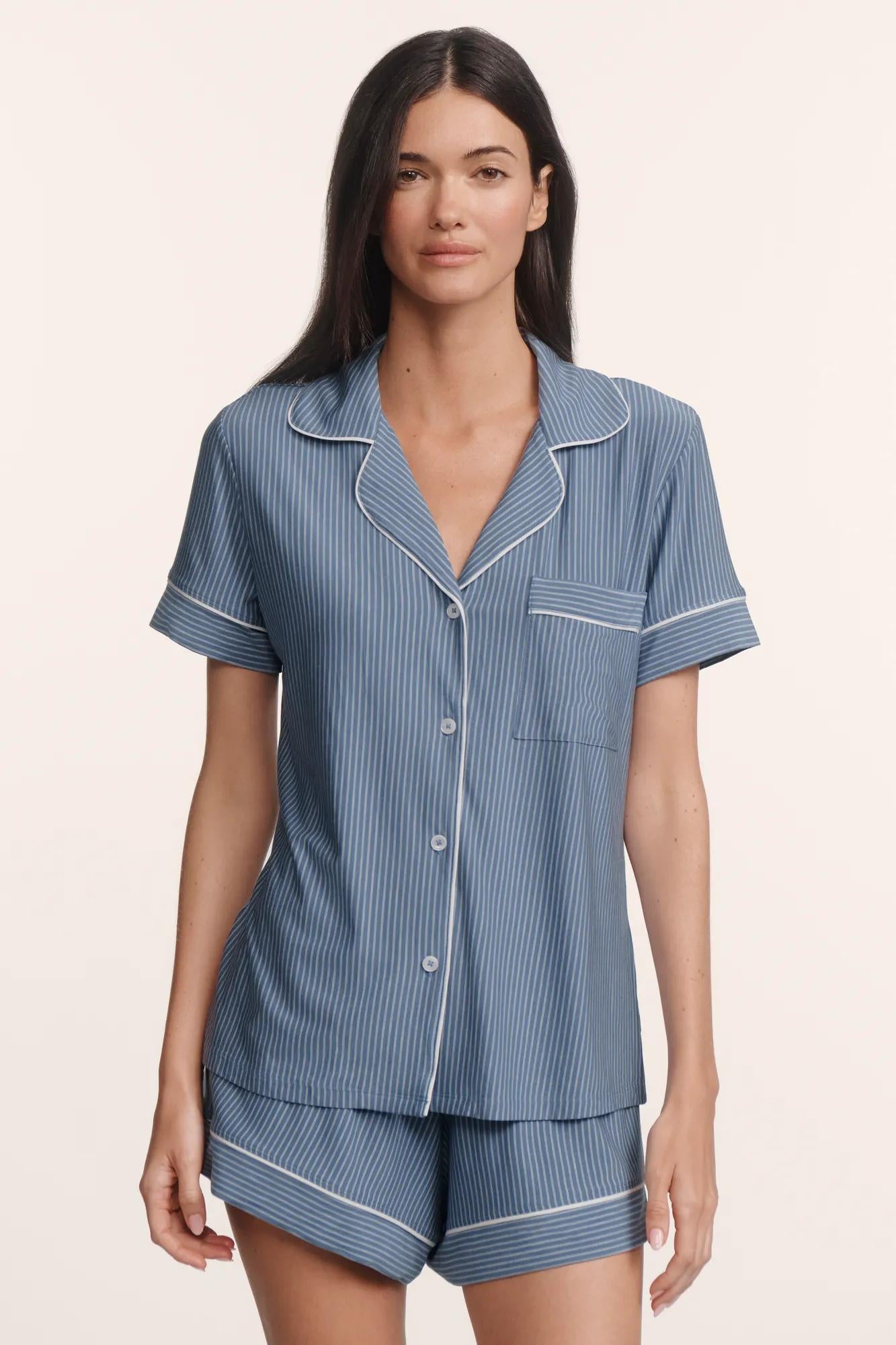 Model is wearing Gisele Printed TENCEL™ Modal Relaxed Short PJ Set in Duo Stripe Slate Blue/Ivory